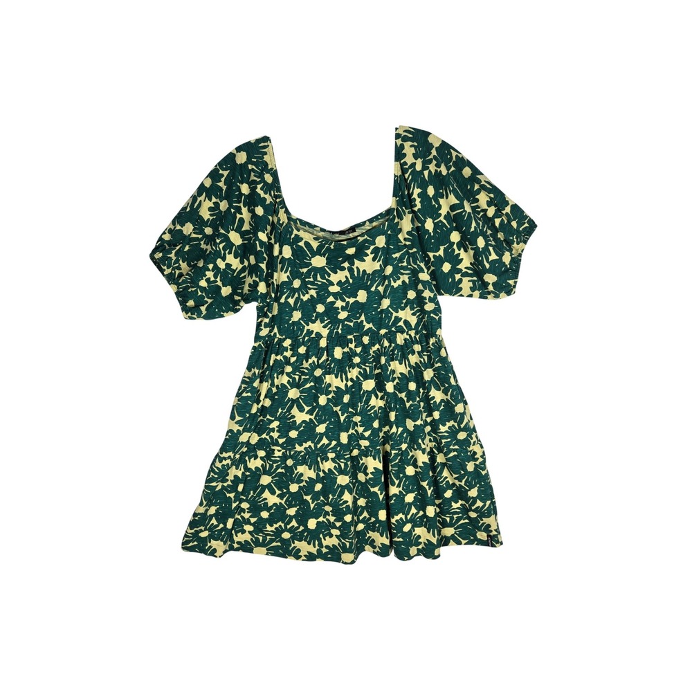 Known Supply Dress Womens L Babydoll Mini Green Floral Puff Sleeve EUC Prairie